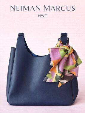 Neiman Marcus Navy Leather Tote with Multicolor Scarf Accent